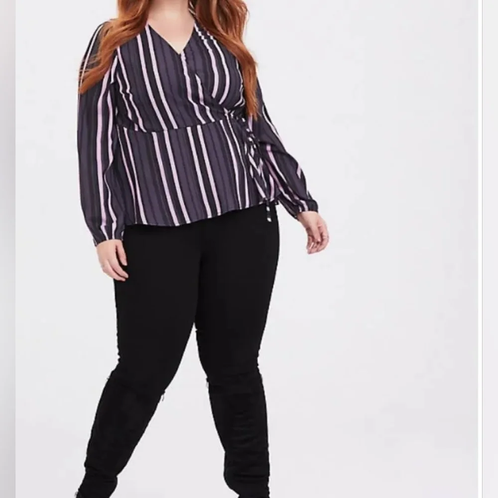 Torrid Crepe Surplice Top in Pink Stripe Long Sleeve Blouse